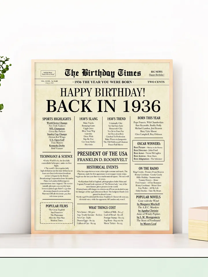Back in 1936 Birthday Card - 88th Birthday Gift for Women or Men - 88th Birthday Decoration for Grandmother or Grandpa - Funny Table Centerpiece for 88 Years Old Birthday Party - Last Minute Gift