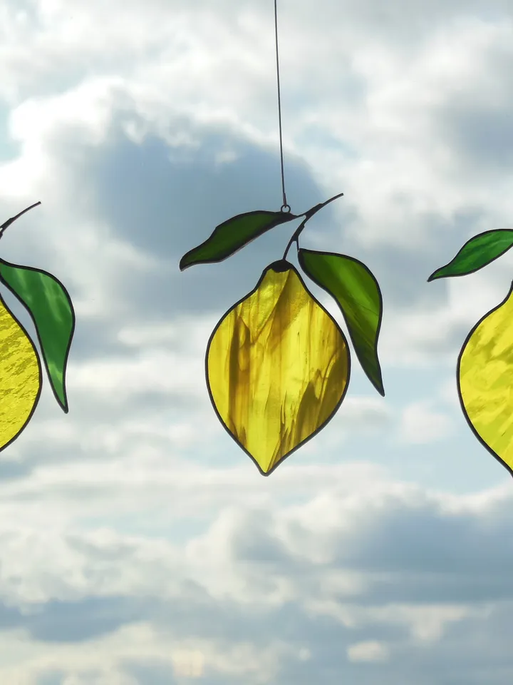 Yellow Lemon . Art stained glass window hanging Suncatcher (texture S ) kitchen fruit berries