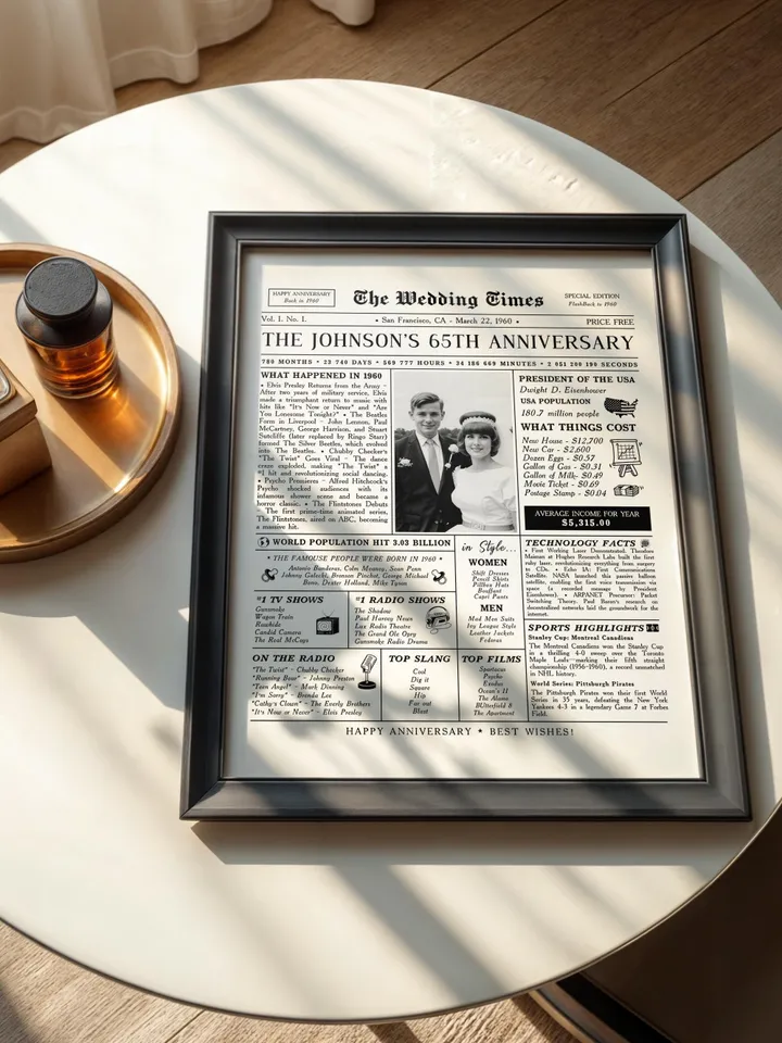 65th Anniversary Newspaper Canva Template, 1960 Wedding Infographic Printable Gift, 65 Years Married Poster for Parents or Couple