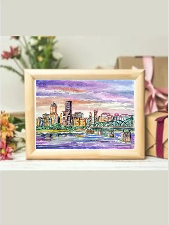City Skyline Portland Oregon Painting Art