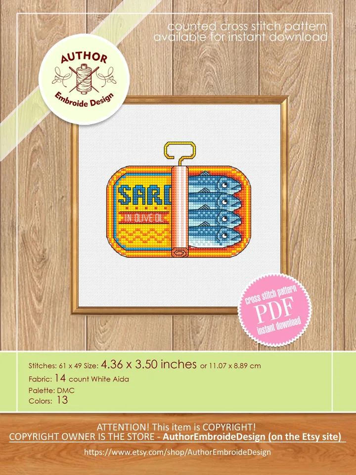 Sardines can cross stitch pattern PDF instant download Set of 3 Vintage tinned sardines cross stitch chart, Fish pattern digital PDF #F28