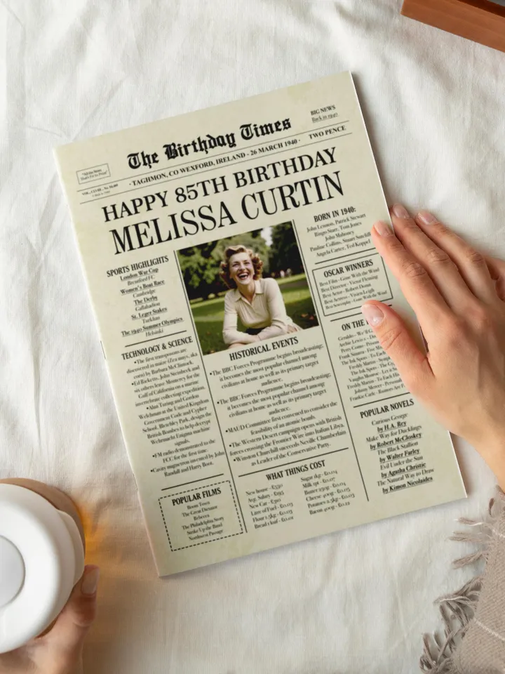 85th Birthday Newspaper Poster for Men or Women, Born in 1940 UK, Vintage British Birthday Sign, 85 Years Ago Birthday Gift