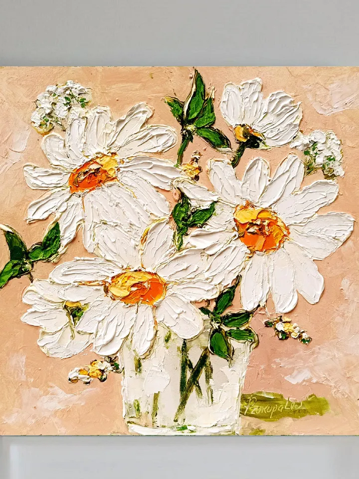 Daisy Painting Flowers Original Fine Art Flowers Blossoms Wall Art Decor Floral Impasto Artwork Meadow Art Gifts by ArtProkopaloSv