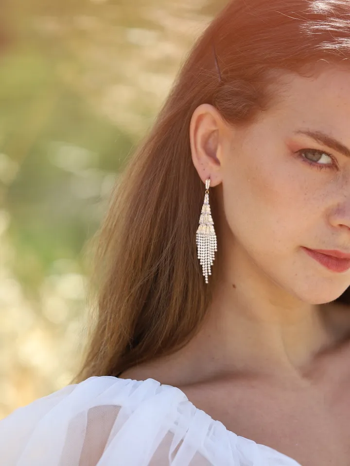 Silver, Gold Boho Wedding Earrings, Long Bridal Earrings, Vintage Wedding Jewelry For Brides, Swarovski Crystal Statement Bridal Jewelry
