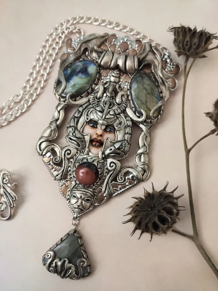 Necklace Goddess Hera, Art Nouveau style, with natural Labradorites and red agat