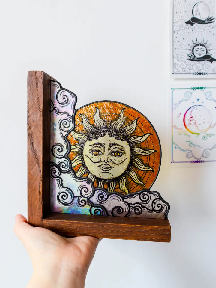 Stained glass bookends with moon and sun, Celestial home decor, Moon Tarot Art