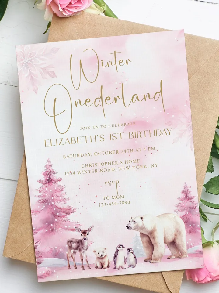 Winter Onederland Birthday Girl Invitations, Editable Pink Winter 1st Birthday Invite Template, Pink Christmas First Birthday Party - I123