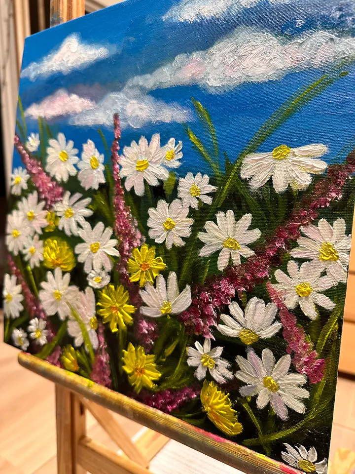 Oil Painting of Daisies Spring Plants Flowers Blooming Meadow Wall Decor Nature Floral Art Canvas on Cardboard 12x12 inches 30x30 cm Gift for Her