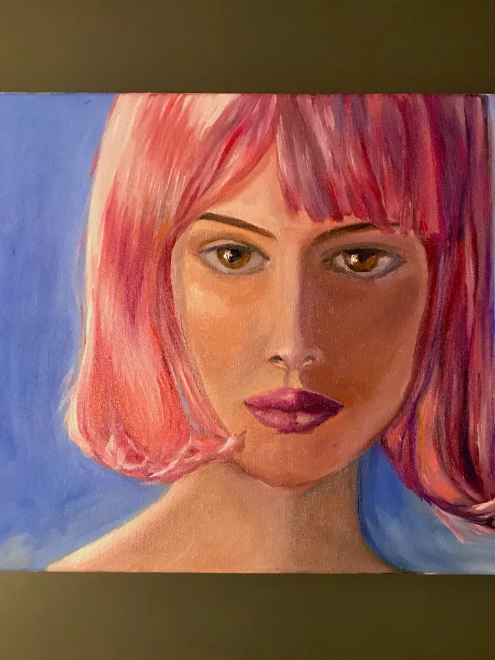 film closer sexy girl with bright pink hair portrait oil painting