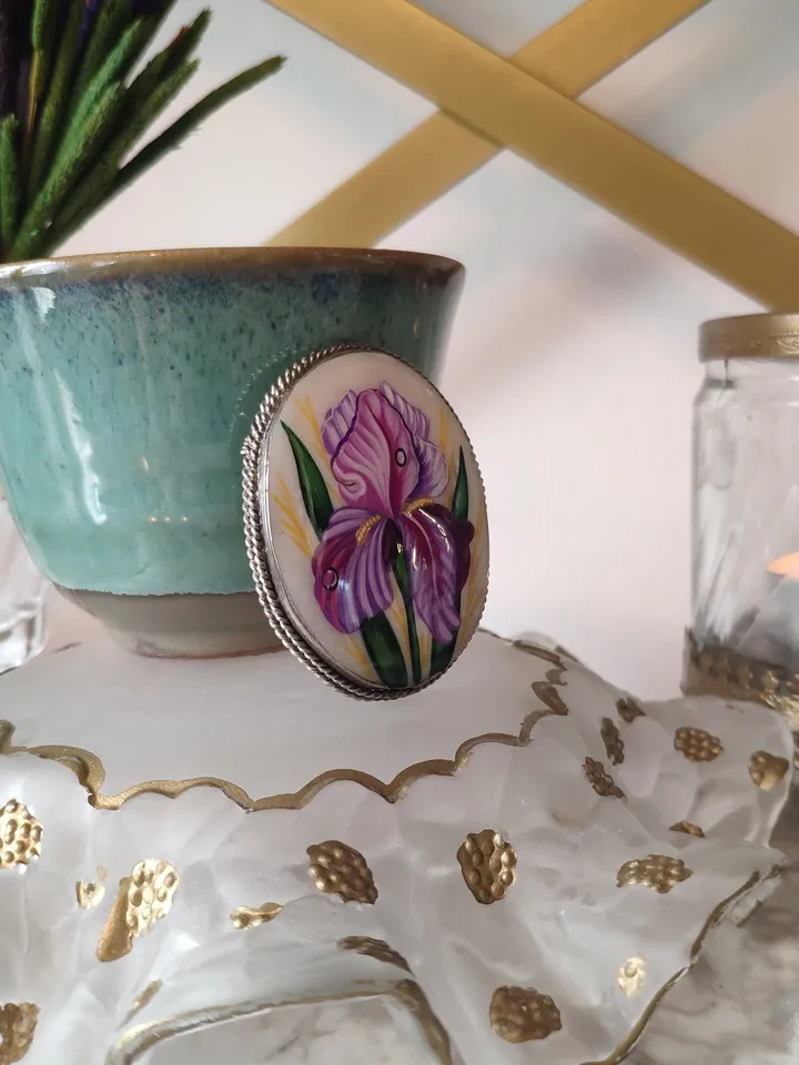 Brooches for women: Dainty pink Iris painted on lacquer brooch • Elegant jewelry pin with floral design • Impressive blossom pearl brooch