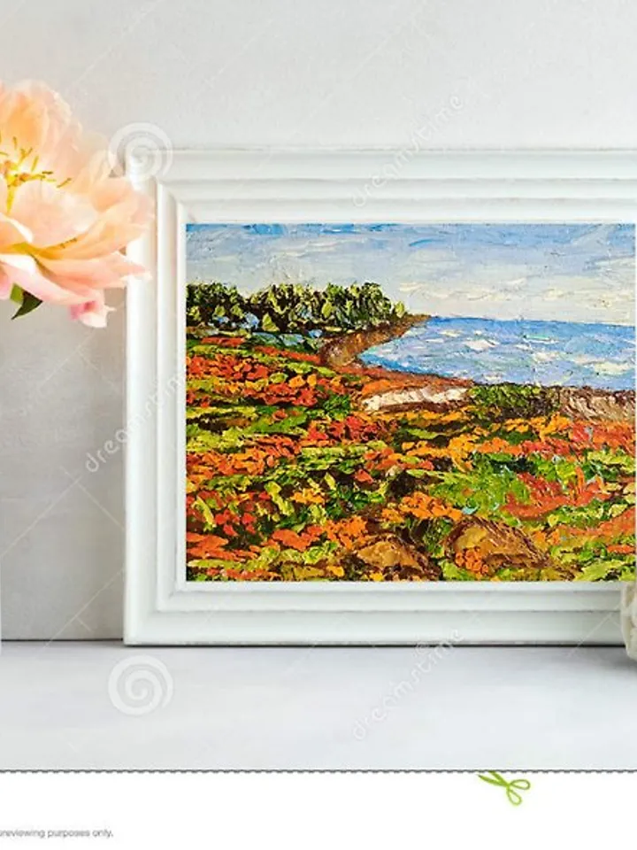Landscape original oil painting of mountains and wildflowers impasto art