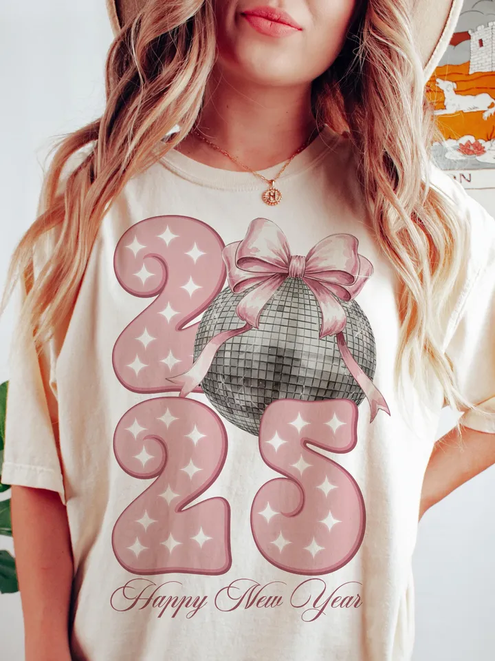 Happy New Year 2025 Png, Disco Ball New Year's PNG, Retro Happy New Year Sublimation, Trending Disco Ball, Pink Bow New Year Sublimination
