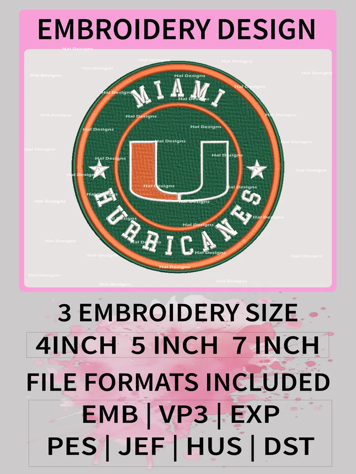 NCAA Miami Hurricanes Embroidery File, 3 Sizes, 6 Formats, NCAA Machine Embroidery Design, NCAA Logo, NCAA Teams