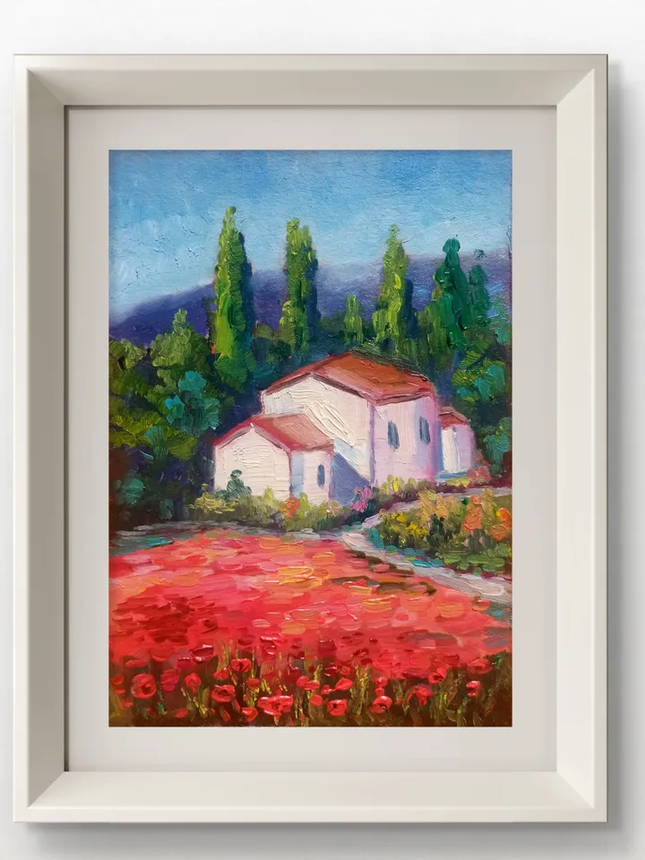 Field of poppies, house, colorful bright landscape, oil painting, impressionism red painting, rustic wildflowers, poppy art work drawing