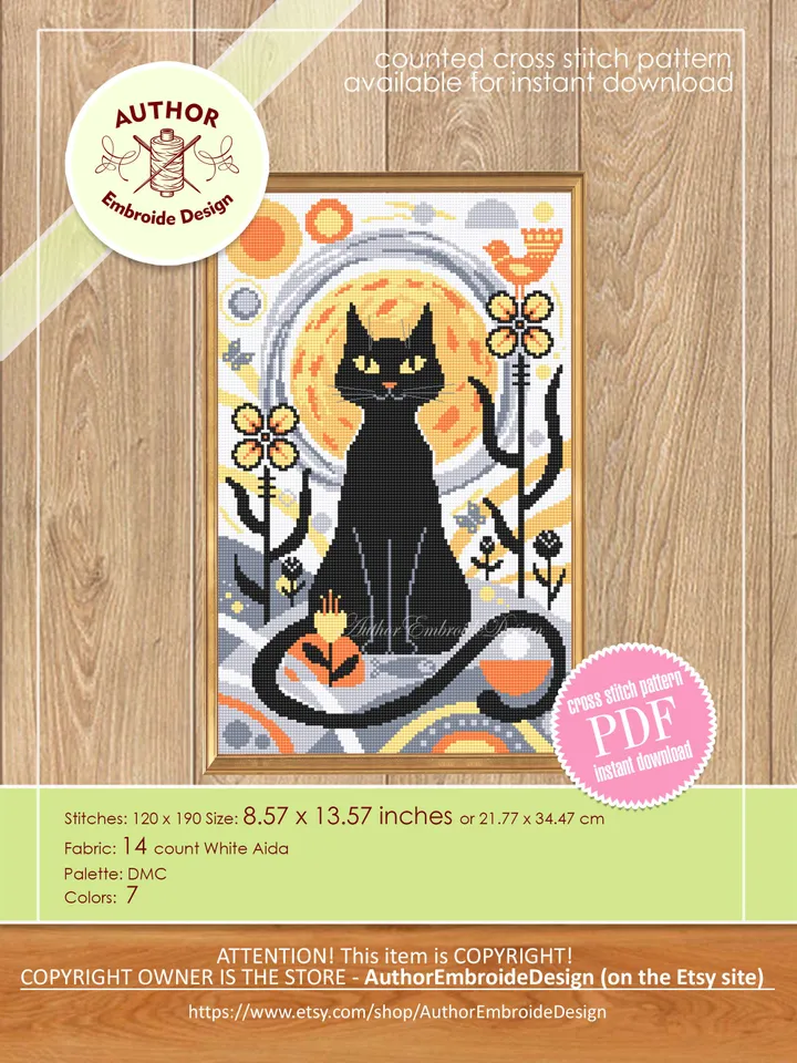 Set of 3 Boho cat cross stitch pattern PDF download Boho cross stitch chart, Abstract pattern digital PDF, Black cat, Boho wall decor #K24