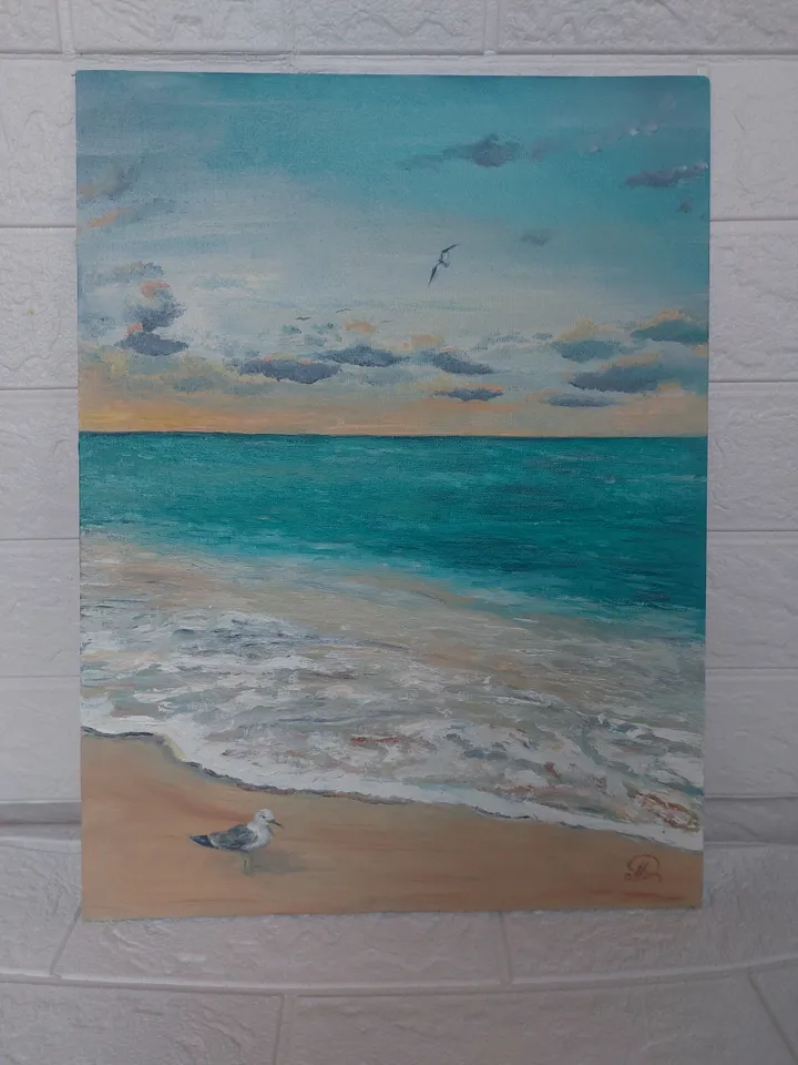 Oil painting seascape with seasgulls 12x16 inches