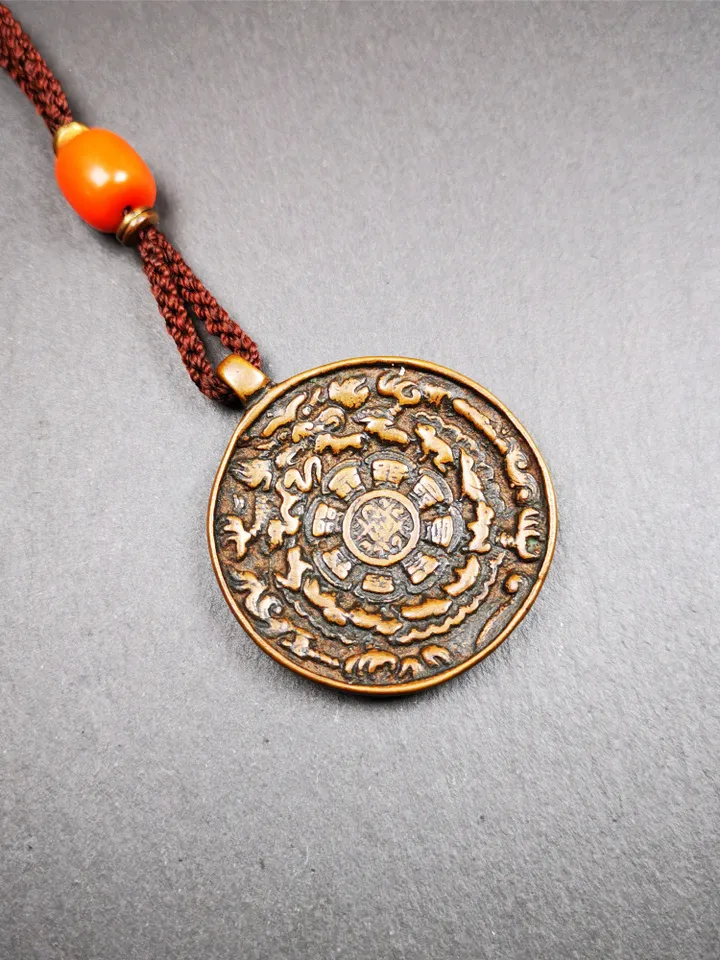 Gandhanra Acient Tibetan Buddhist Amulet,Melong Mirror,Calendar Badge,SIPAHO(srid pa ho),Made of Copper,1.7"
