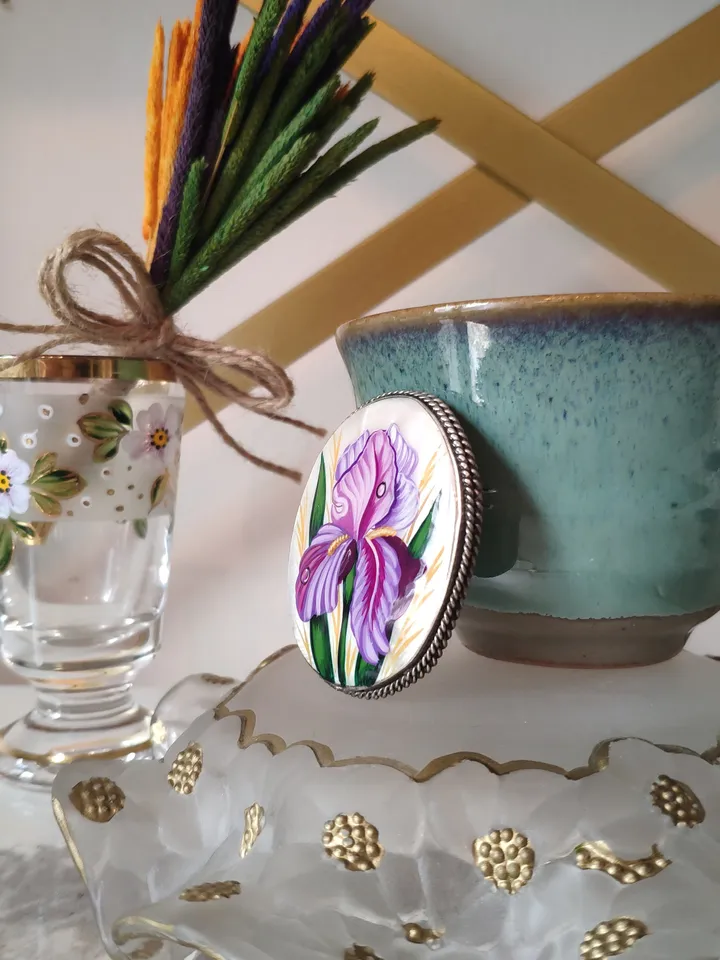 Brooches for women: Dainty pink Iris painted on lacquer brooch • Elegant jewelry pin with floral design • Impressive blossom pearl brooch