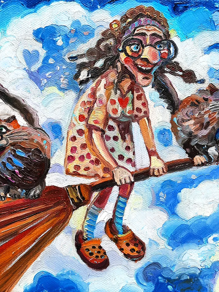 Funny Grandmother with the cats Original Oil Painting Oil on Canvas Small Painting