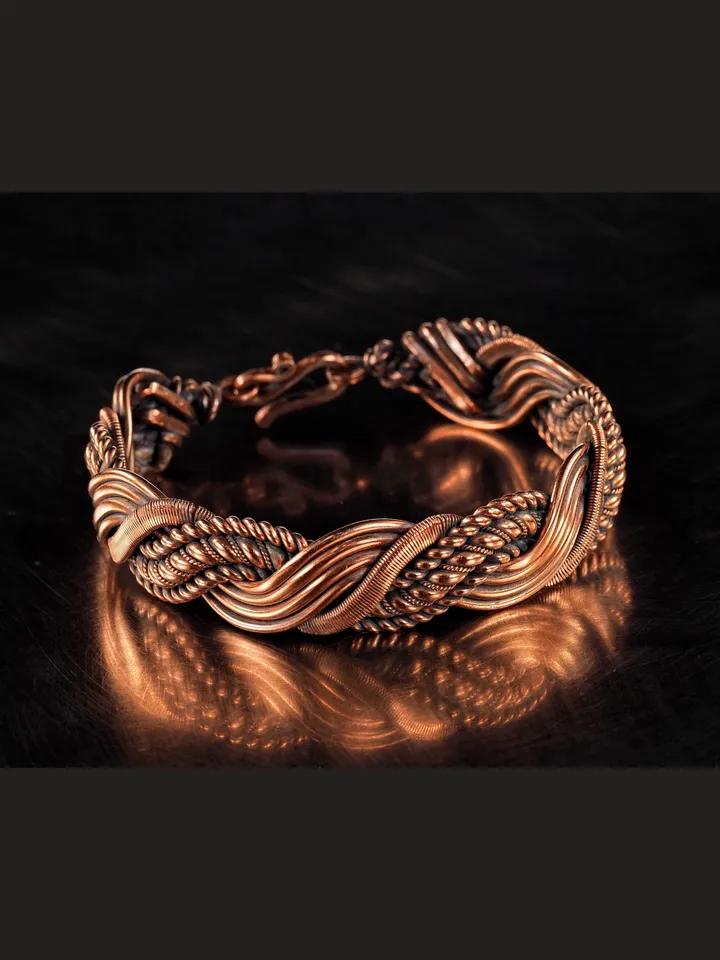 Wire wrapped bracelet, Unique 7th 22nd Anniversary gift idea, Art Nouveau antique style, One of kind braided statement bangle, Handmade oxidized pure copper jewelry, Pain relief, EMF protection