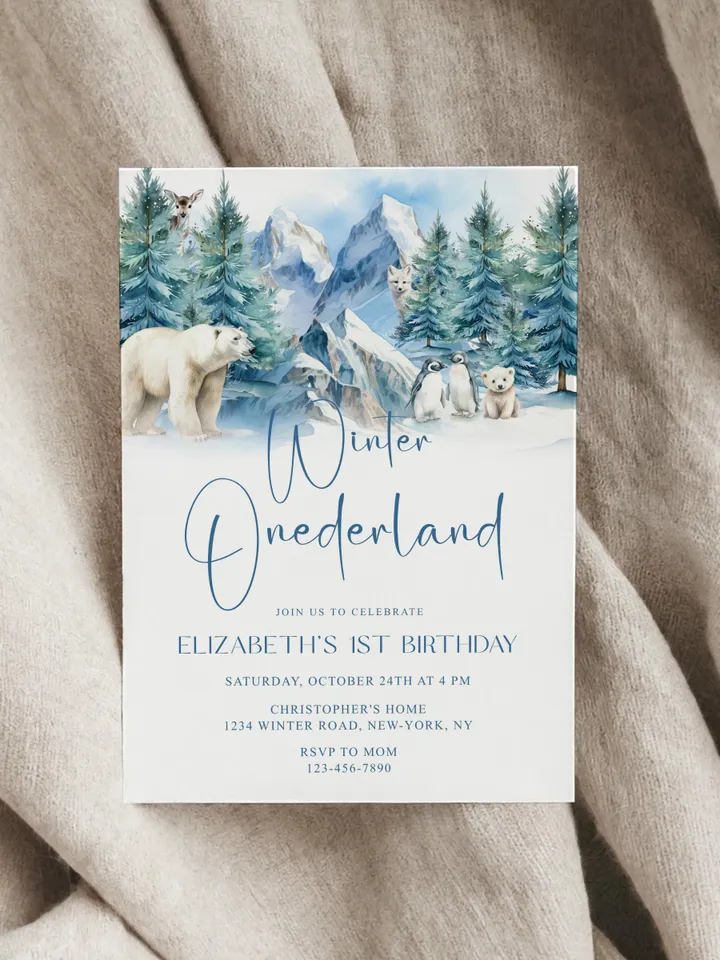Winter Onederland 1st Birthday Invitation, Snow Woodland 1st Birthday Invite, Winter Onederland, Printable 1st Birthday Invitation - i131