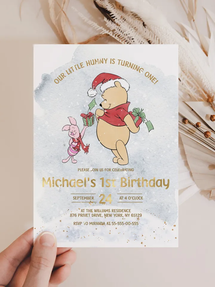 Christmas Winnie Pooh Baby Birthday Invitation; Winnie Pooh Baby Birthday ; Christmas Baby Birthday; Honey Bear Birthday; Winnie Pooh xpooh1