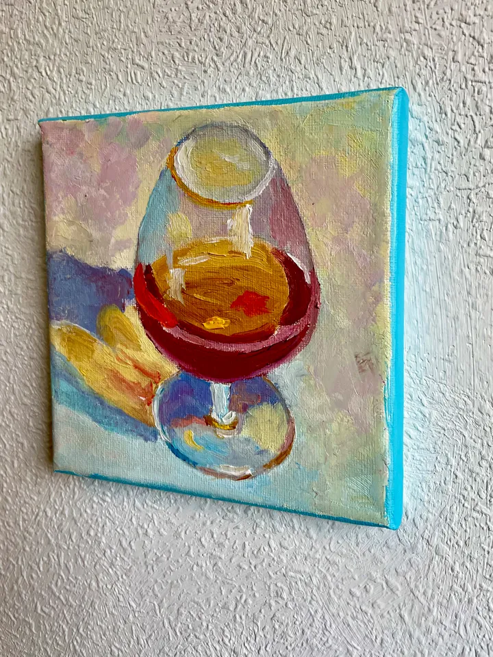 Cognac Painting Original Drink Wall Art Glass of Brandy Oil on Canvas Bar Cart Decor 6"x6"
