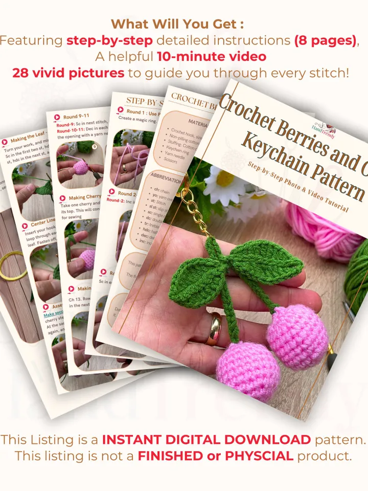 Crochet Cherry Keychain PDF Pattern โ Amigurumi Fruit Keyring Tutorial โ DIY Cute Handmade Yarn Key Chain Digital Download