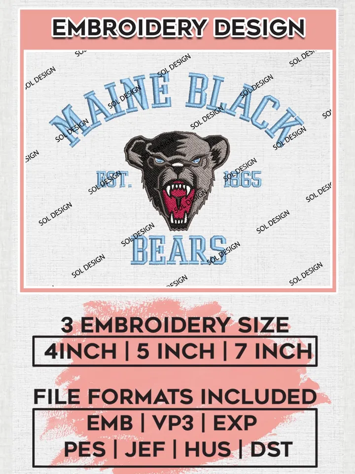 Maine Black Bears Est 1865 Logo Embroidery Designs, NCAA Maine Black Bears Team Embroidery, NCAA Team Logo, 3 sizes, Machine embroidery Files, Digital Download