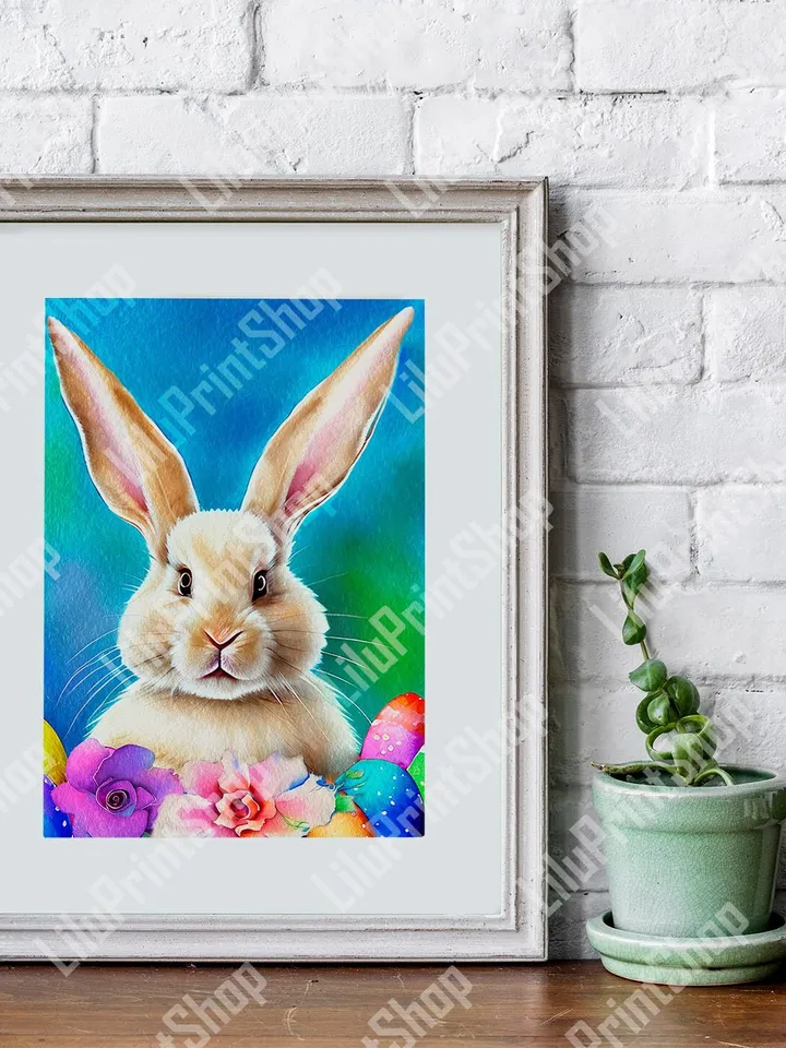 Spring Bunny print Bunny Printable art Bunny with Easter eggs & flowers Digital Easter rabbit wall art Poster instant download