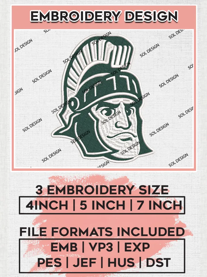 NCAA Michigan State Spartans Team Head Mascot Logo Embroidery Design Files, NCAA Michigan State Spartans Machine Embroidery, NCAA Teams, 3 sizes, NCAA Machine embroidery designs, Digital Download