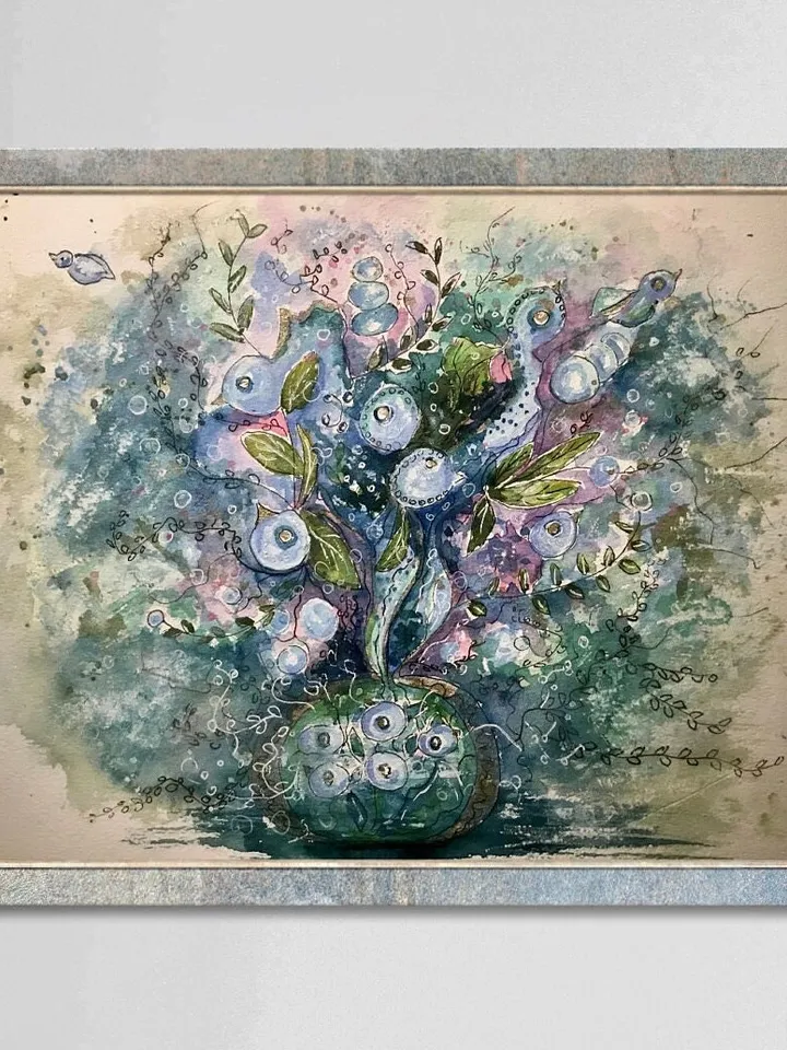 Floral fantasy original watercolor painting on paper, unique handmade artwork, wall art, home decor, blue green pink abstract fantasy art.