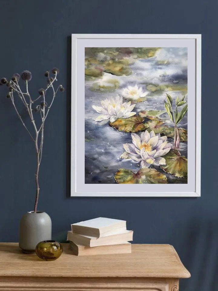 Lotus Watercolor Painting Water Lilies Art Print Lotus Artwork Lotus Pond Wall Art