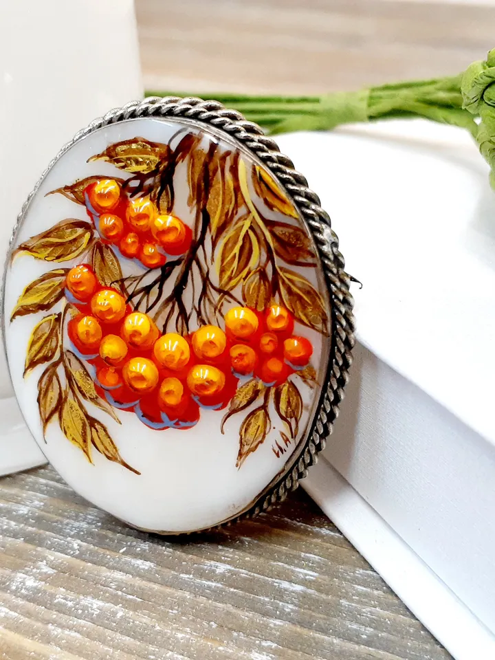 Brooches for women: Bunch of Rowan berries painted on pearl brooch • Orange handmade painted pin • Gorgeous pin for fall season dress