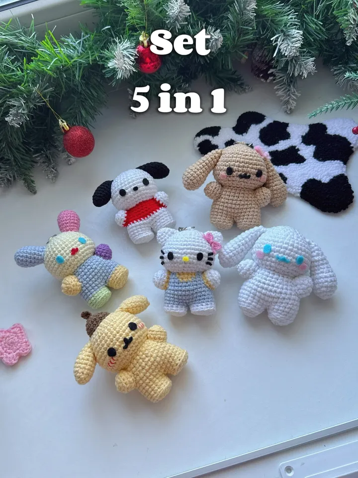 BIG SET 5 in 1 Sanrio crochet patterns, amigurumi set patterns, hello kitty, pochacco, pompompurin, usahana, cinnamoroll