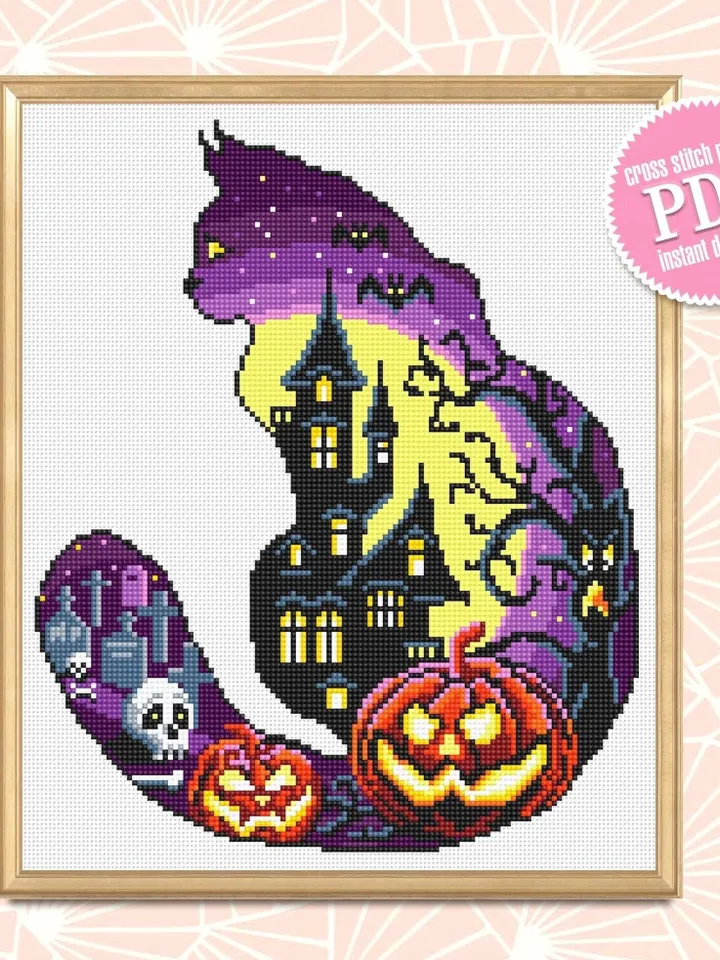 Halloween cat silhouette cross stitch pattern PDF download Haunted house cross stitch chart, Halloween pattern digital PDF, Cat lover #H17