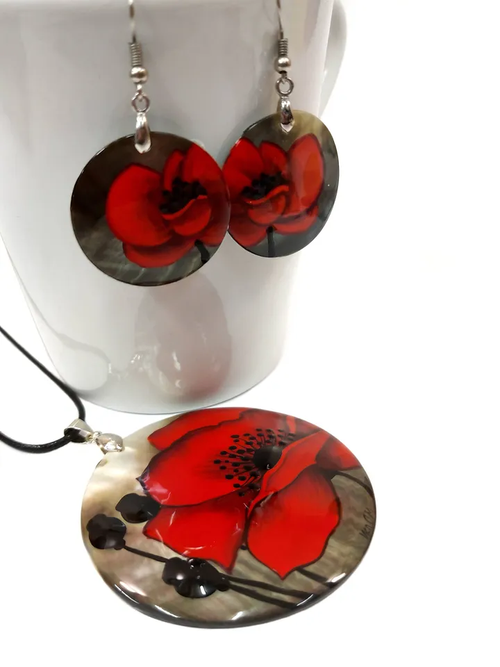 Handmade jewelry sets: Red Poppy Flower • Elegant painted mother of pearl pendant and lightweight shell earrings • Graceful gift for her