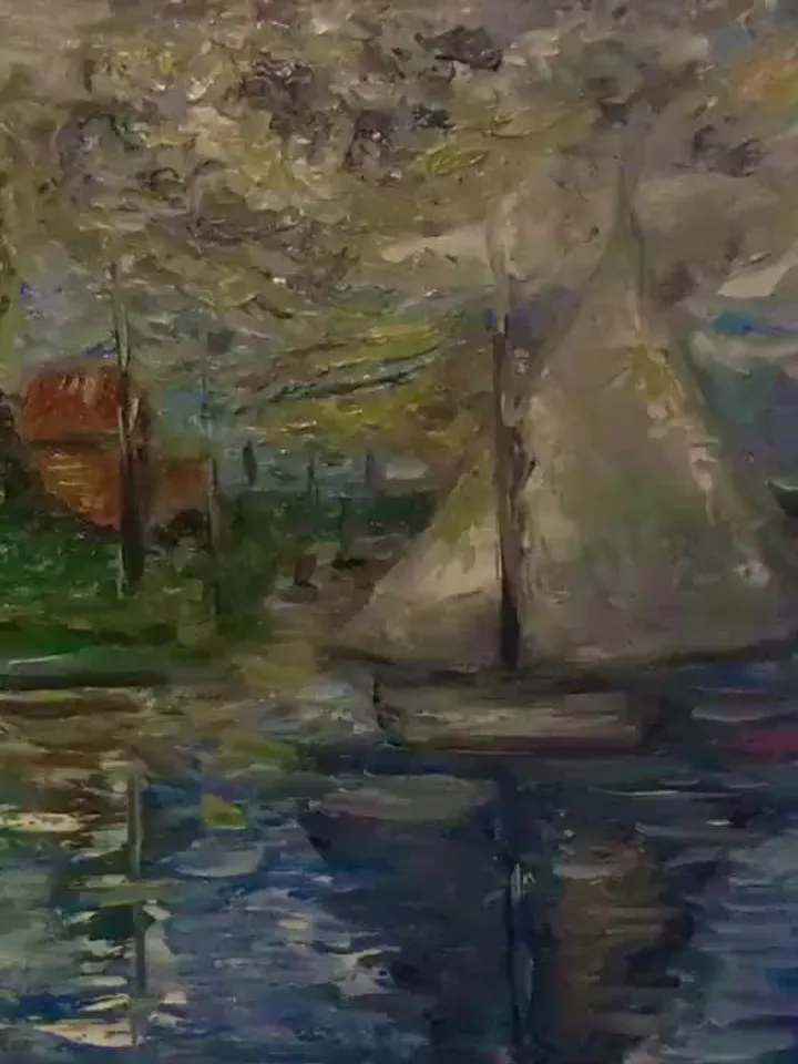 Boat on the river,original oil impressionistic style painting on canvas board,Monet inspired,handmade painting,home decoration wall hanging