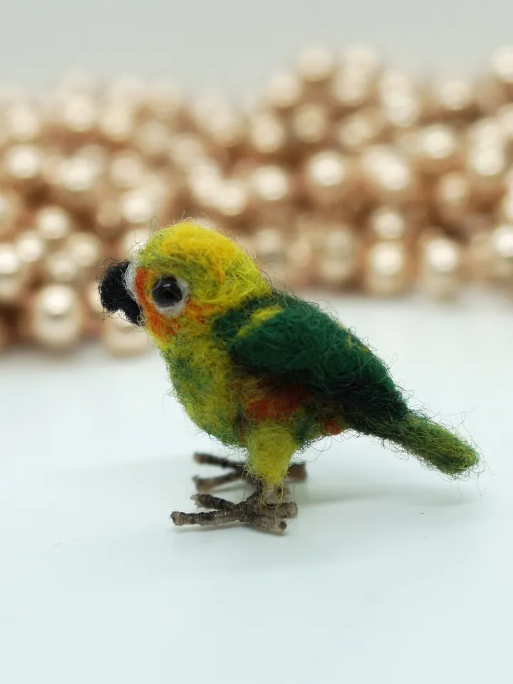 Miniature needle felted Jenday Conure, miniature parakeet, tiny parrot, made to order