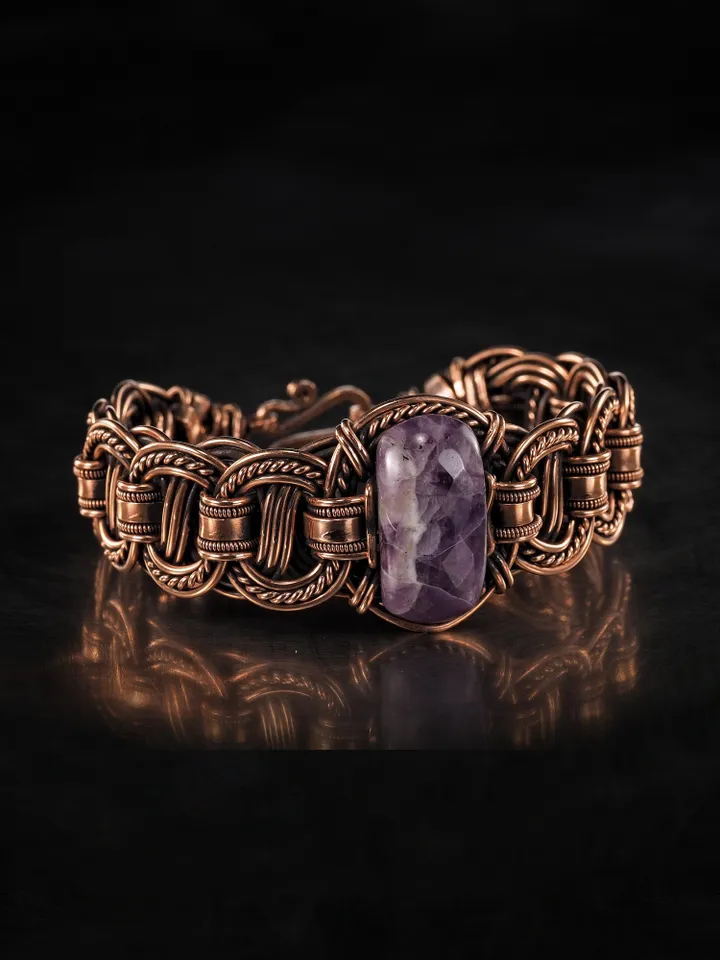 Copper wire wrapped bracelet with amethyst for lady Antique style WireWrapArt