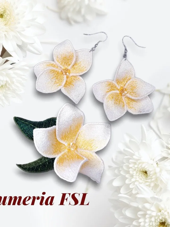 Plumeria brooch and earrings FSL machine embroidery designs Free standing lace embroidery pattern 3D flower embroidery motif Flower FSL