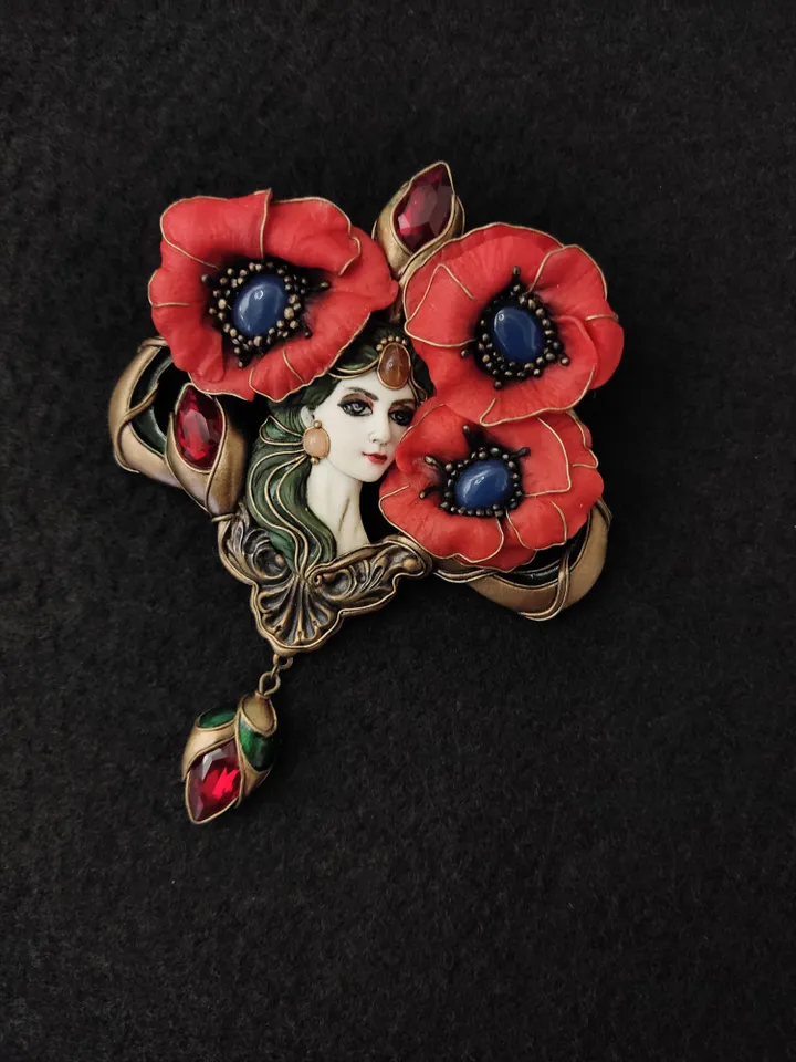 Virgin with Poppies, poppy brooch, red poppies, red flowers,poppy jewelry