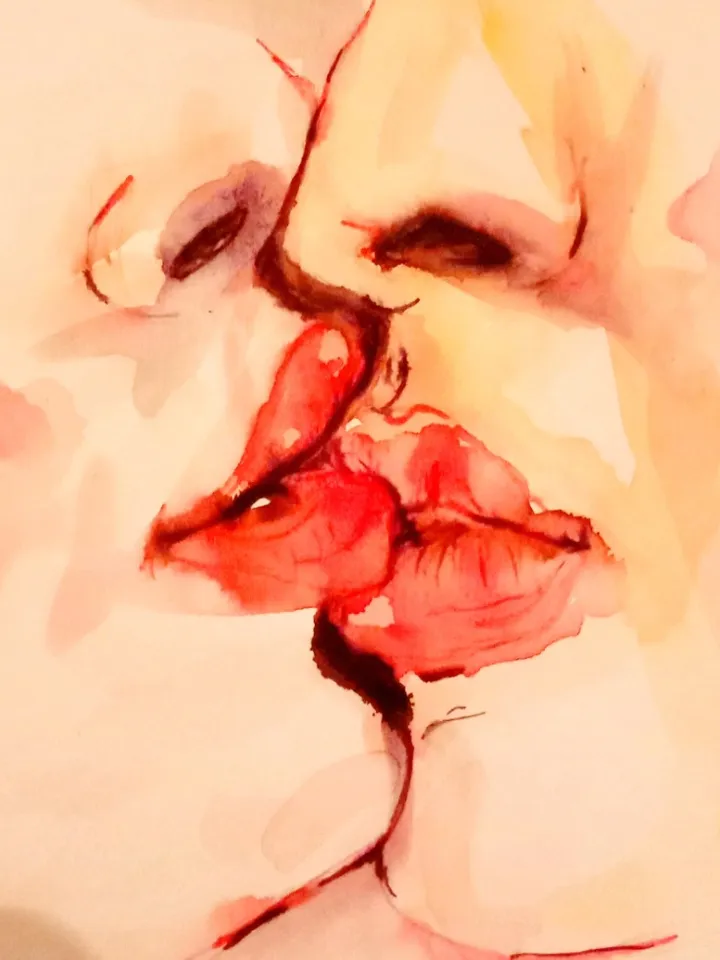 Watercolor painting "Passionate kiss"
