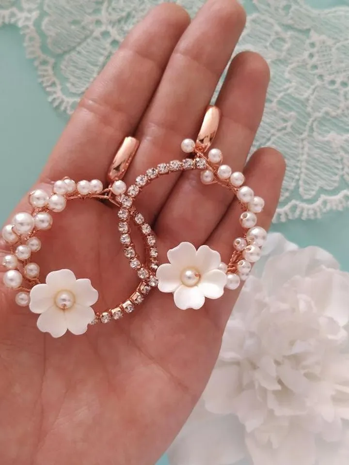 White Rose Earrings, Flower Hoop Earrings, Gold Bridal Earrings, White Floral Earrings, Wedding Earrings, Statement Wedding Earrings Jewelry