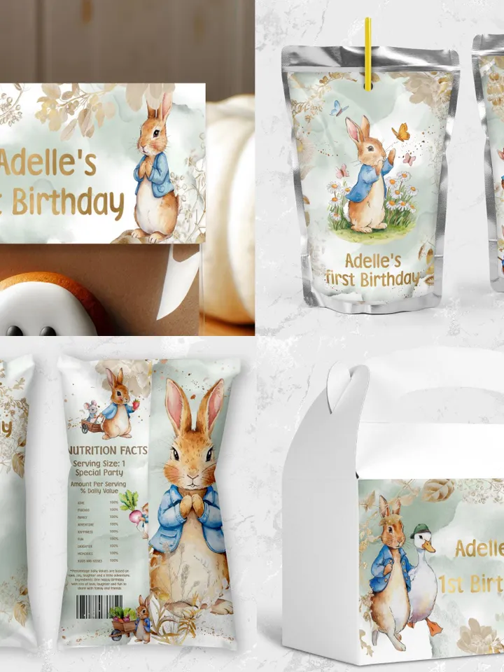DIY Editable Baby Birthday Template large Bundle for Peter Rabbit party theme invitation banners labels milestone pr888