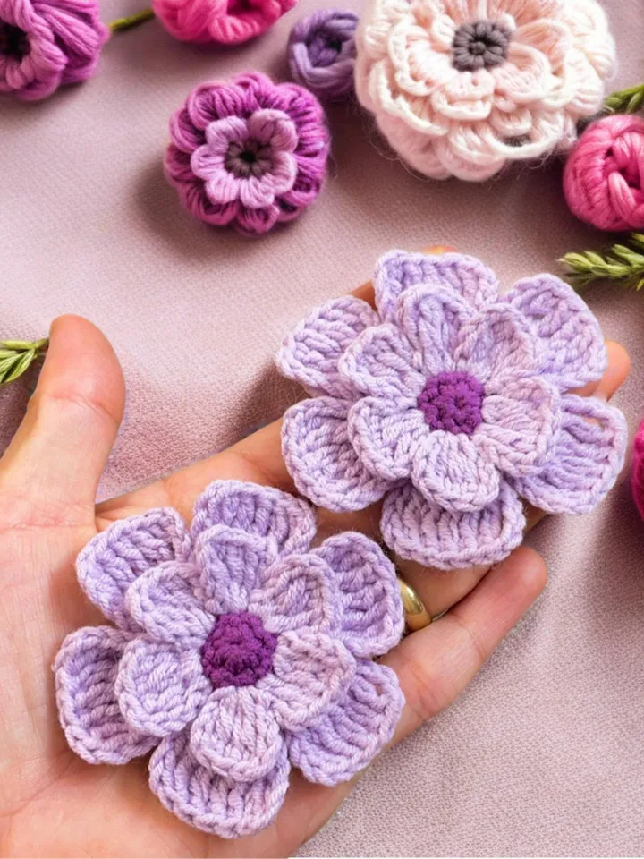 3D Flower Crochet Brooch Pattern  - Easy Crochet Flower Motif Pattern For Baby Blanket - Beginner Friendly Step by Step Instructions
