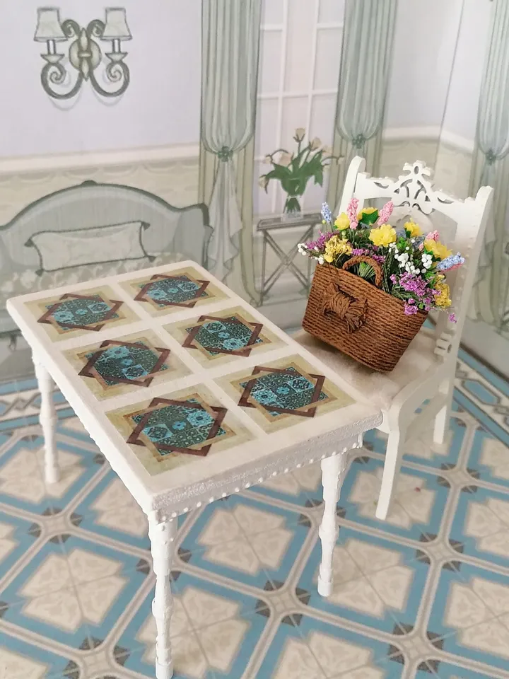 Doll table and sofa. Dollhouse miniature. 1:12. Handmade. Doll furniture. Furniture for doll's kitchen.