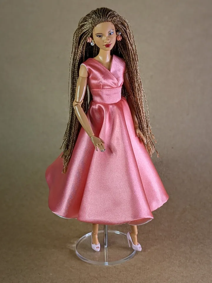 Handmade pink satin dress for 1/6 scale 11.5-inch fashion dolls | Formal Doll Gown