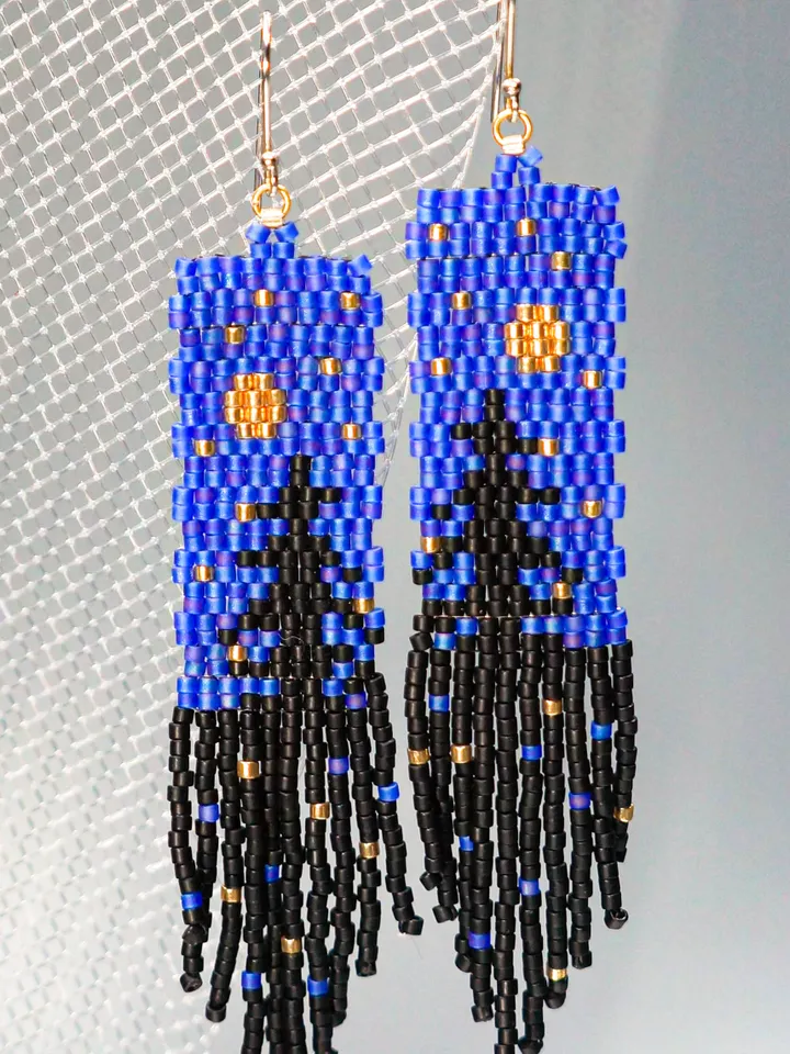 Trees-Patterned blue sky at night Japanese Bead and sterling Silver Earrings A Fusion of Elegance and Nature