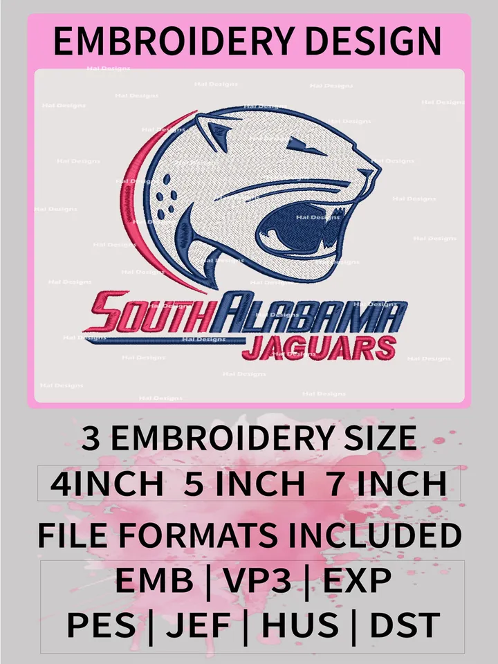NCAA South Alabama Jaguars Embroidery File, 3 Sizes, 6 Formats, NCAA Machine Embroidery Design, NCAA Logo, NCAA Teams